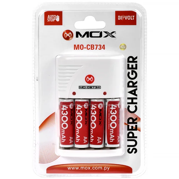 Cargador de Pilas MOX MO-CB734 Bivolt con 4 Pilas